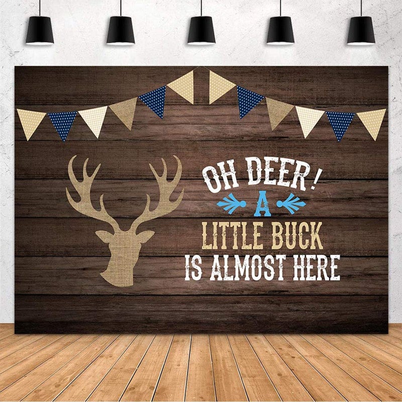 MEHOFOND 7x5ft Oh Deer Boy Baby Shower Gray Rustic Wood Backdrops Birthday Party Decoration A Little Buck is Almost Here Photography Background Deer Baby Shower Decor Cake Table Portrait Photo Props - Image 1